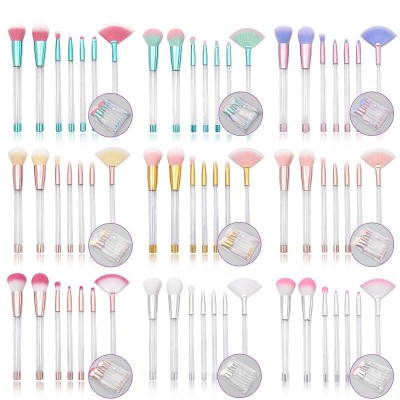 7pcs Makeup Brush Set With Glitter Make Up Bag Crystal Handle with clear and rose gold body and white with pink bristles